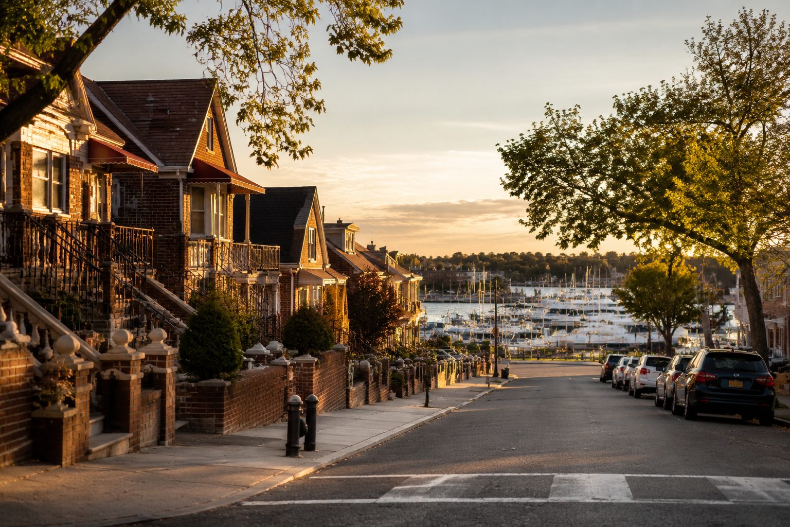 A quiet Sheepshead Bay street near the water at golden hour