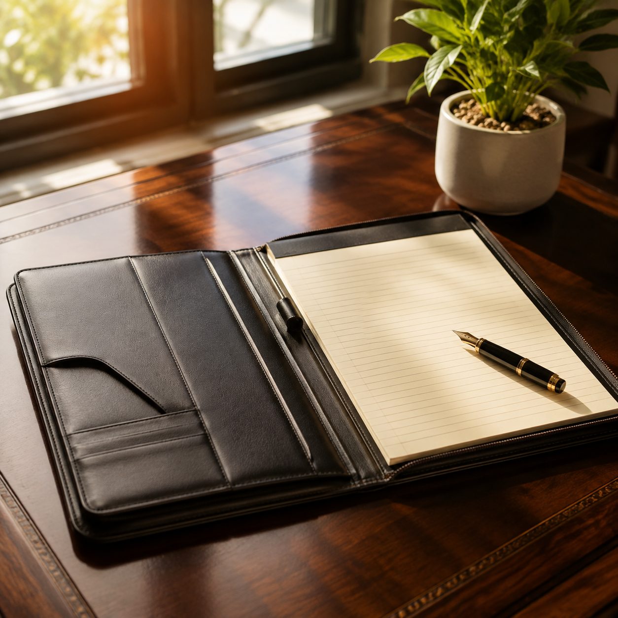 Leather portfolio and pen on a desk