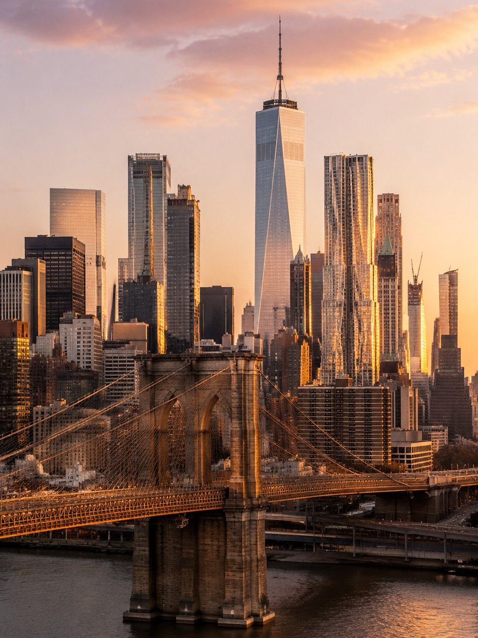 Lower Manhattan skyline and the Brooklyn Bridge at golden hour