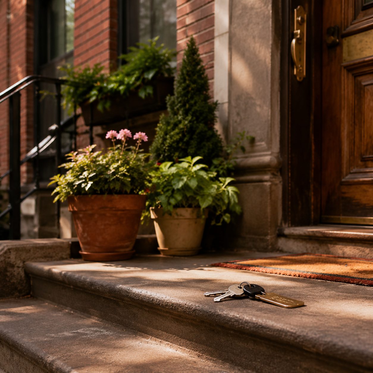 Brooklyn co-op entrance with keys on the front step