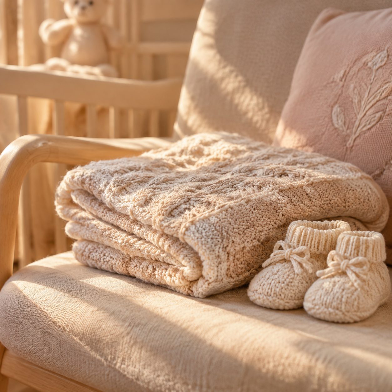 Knitted baby blanket and booties in a sunlit nursery