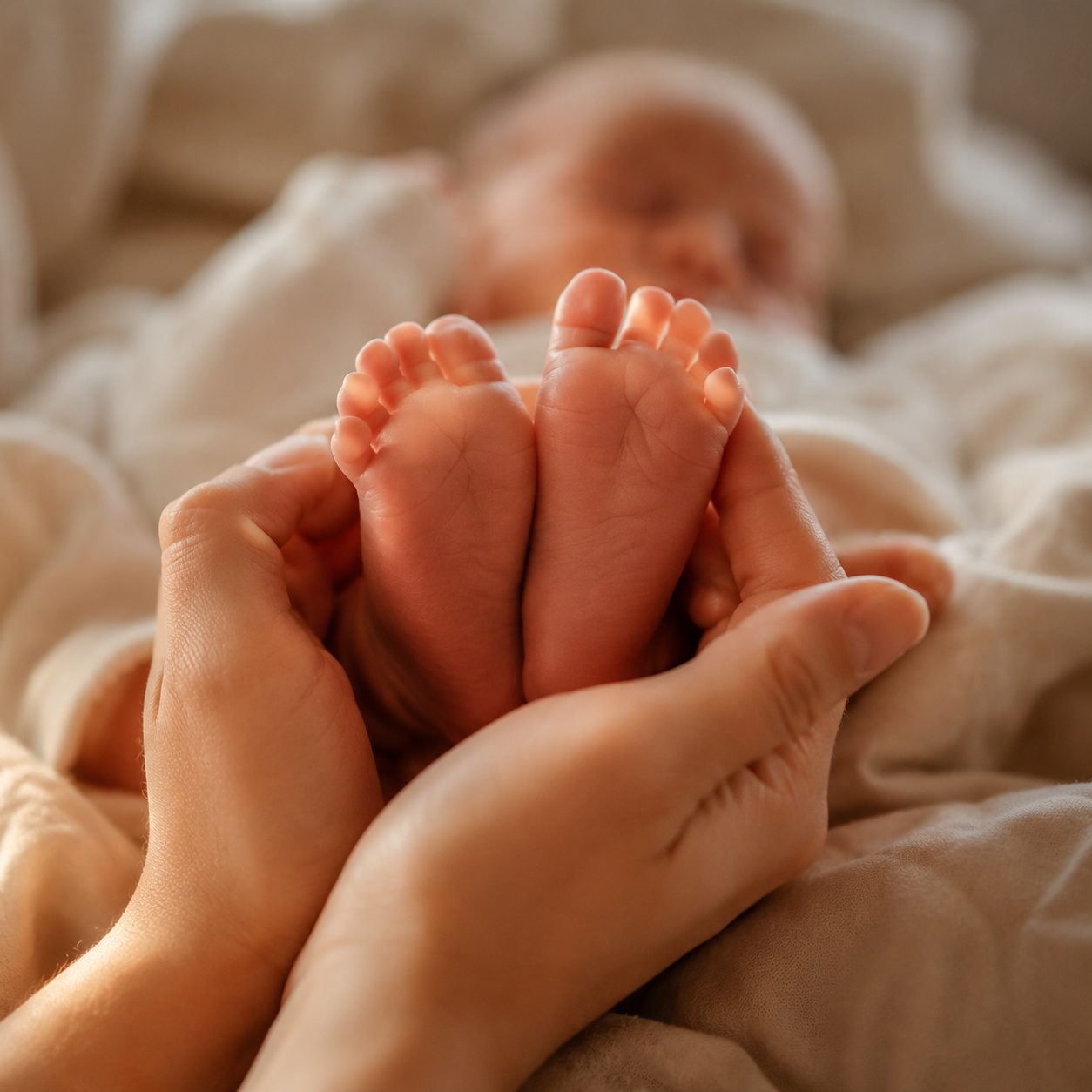 Parent holding a newborn's feet