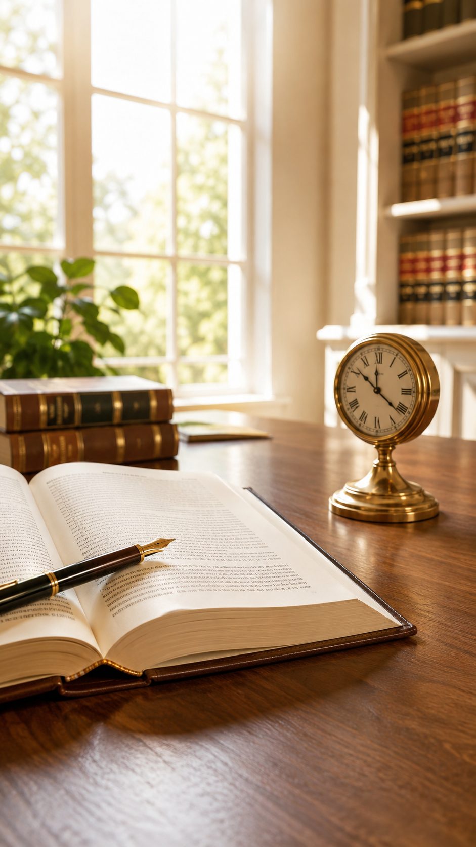 Sunlit law-office desk with a wall of bound case reporters and a mantel clock